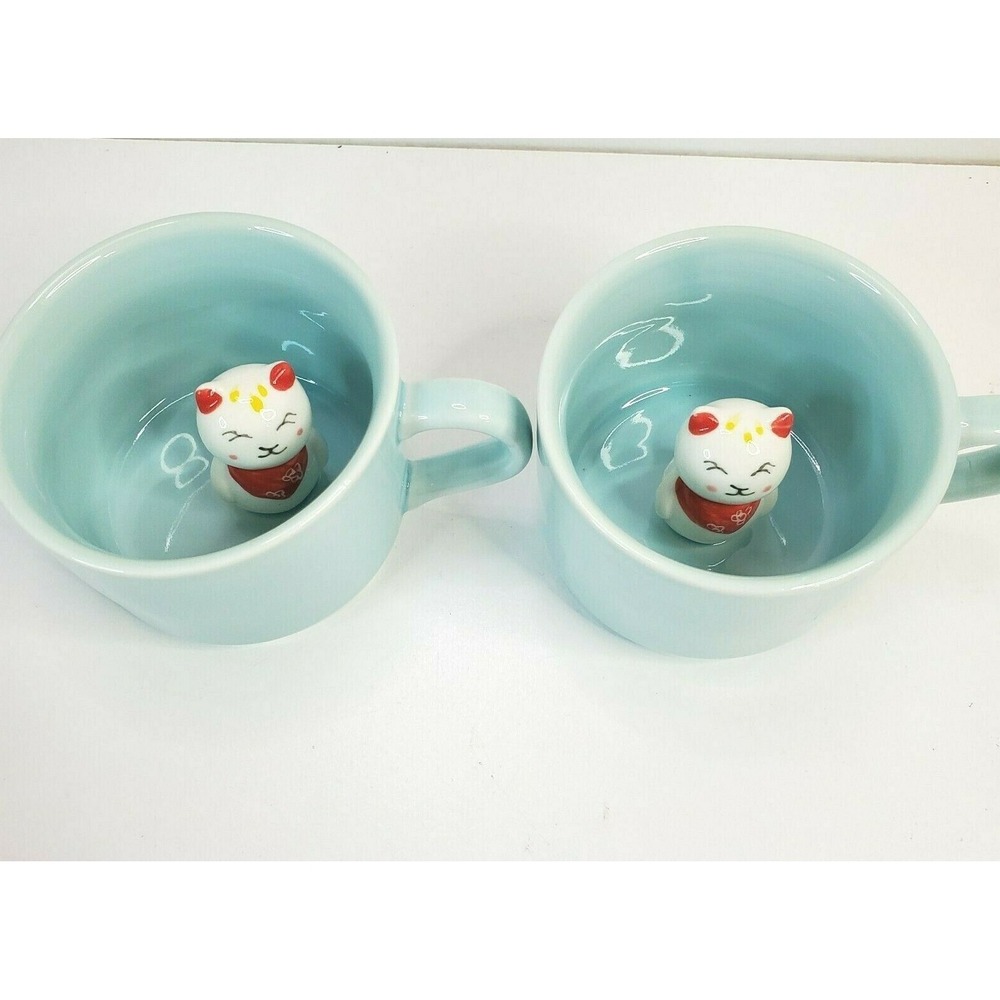ZaH 3D Kitty Cat Surprise Inside Short Ceramic Coffee Mug Tea Cup Aqua Blue 8 Oz